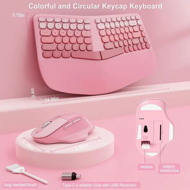 Alt view image 5 of 7 - Ergonomic Wireless Keyboard Mouse, Mechanical Gaming Set with Wrist Rest & OTG & Brush Ideal for Windows PC, Home, Office and College Pink