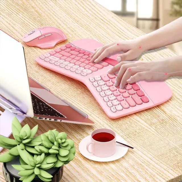 Alt view image 6 of 7 - Ergonomic Wireless Keyboard Mouse, Mechanical Gaming Set with Wrist Rest & OTG & Brush Ideal for Windows PC, Home, Office and College Pink