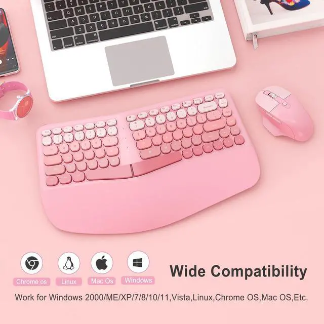 Alt view image 7 of 7 - Ergonomic Wireless Keyboard Mouse, Mechanical Gaming Set with Wrist Rest & OTG & Brush Ideal for Windows PC, Home, Office and College Pink