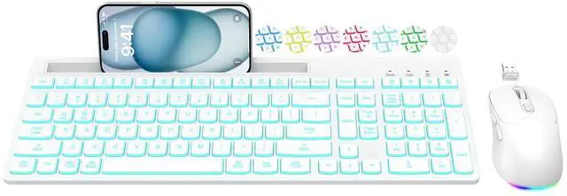 Main image of Wireless Keyboard and Mouse Combo, 7 Backlit Effects, Light Up Letters, Rechargeable, Phone Holder, 6 Button Mouse, Ergonomic Tilt Angle, 2.4GHz Silent USB Keyboard Mouse for Laptop, PC