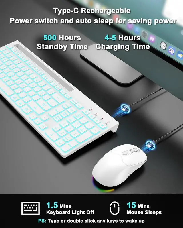 Alt view image 3 of 7 - Wireless Keyboard and Mouse Combo, 7 Backlit Effects, Light Up Letters, Rechargeable, Phone Holder, 6 Button Mouse, Ergonomic Tilt Angle, 2.4GHz Silent USB Keyboard Mouse for Laptop, PC