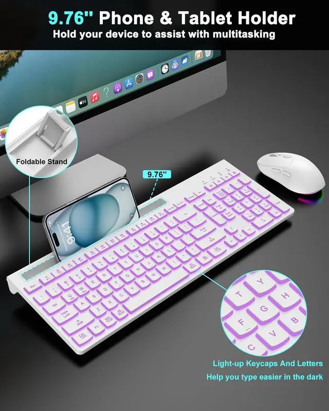 Alt view image 4 of 7 - Wireless Keyboard and Mouse Combo, 7 Backlit Effects, Light Up Letters, Rechargeable, Phone Holder, 6 Button Mouse, Ergonomic Tilt Angle, 2.4GHz Silent USB Keyboard Mouse for Laptop, PC