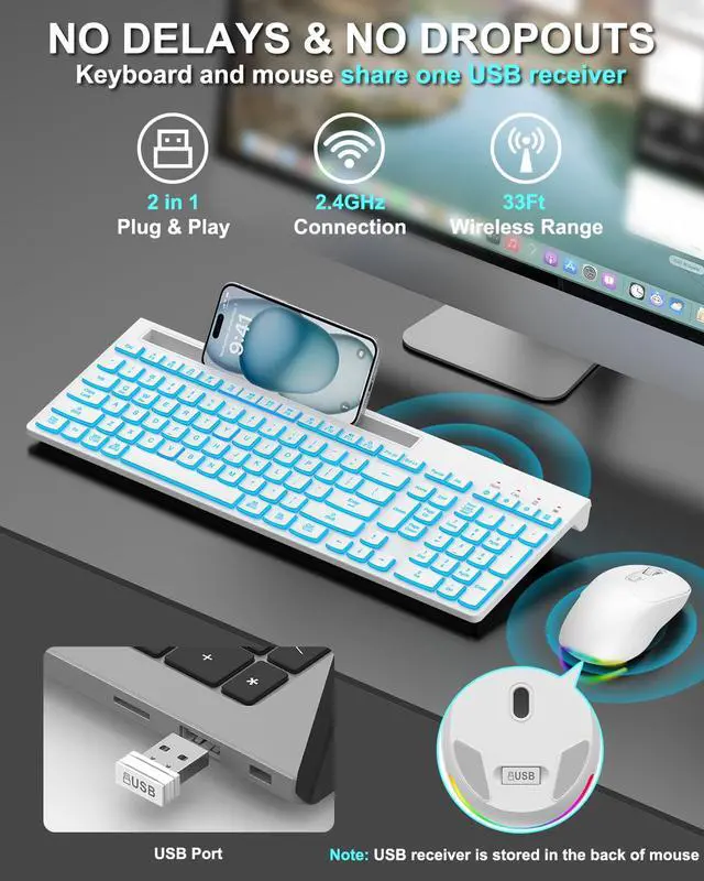 Alt view image 5 of 7 - Wireless Keyboard and Mouse Combo, 7 Backlit Effects, Light Up Letters, Rechargeable, Phone Holder, 6 Button Mouse, Ergonomic Tilt Angle, 2.4GHz Silent USB Keyboard Mouse for Laptop, PC