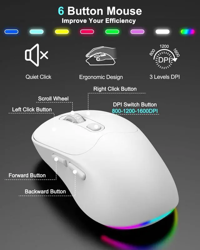 Alt view image 6 of 7 - Wireless Keyboard and Mouse Combo, 7 Backlit Effects, Light Up Letters, Rechargeable, Phone Holder, 6 Button Mouse, Ergonomic Tilt Angle, 2.4GHz Silent USB Keyboard Mouse for Laptop, PC
