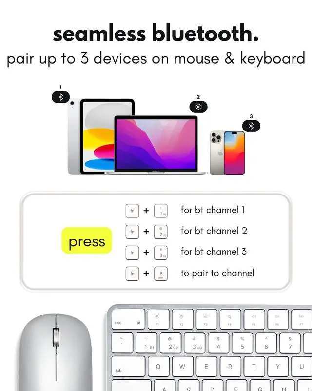 Alt view image 3 of 7 - Apple Wireless Keyboard and Mouse for Mac - Dual Mode (Bluetooth + Wired) - Multi-Device, Rechargeable - Mini Wireless Keyboard and Mouse Combo for MacBook, iPad, Mac mini/Air/Pro (Silver)