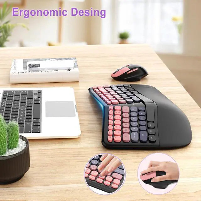 Alt view image 2 of 7 - Ergonomic Wireless Keyboard and Mouse, Mechanical Gaming Set with Wrist Rest & OTG & Brush Ideal for Windows PC, Home, Office and College Black Pink