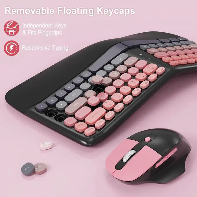 Alt view image 3 of 7 - Ergonomic Wireless Keyboard and Mouse, Mechanical Gaming Set with Wrist Rest & OTG & Brush Ideal for Windows PC, Home, Office and College Black Pink