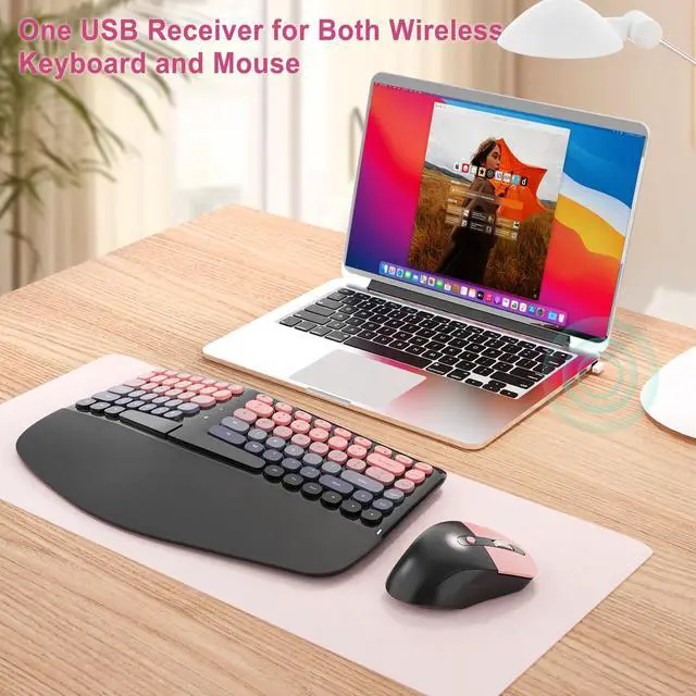 Alt view image 4 of 7 - Ergonomic Wireless Keyboard and Mouse, Mechanical Gaming Set with Wrist Rest & OTG & Brush Ideal for Windows PC, Home, Office and College Black Pink