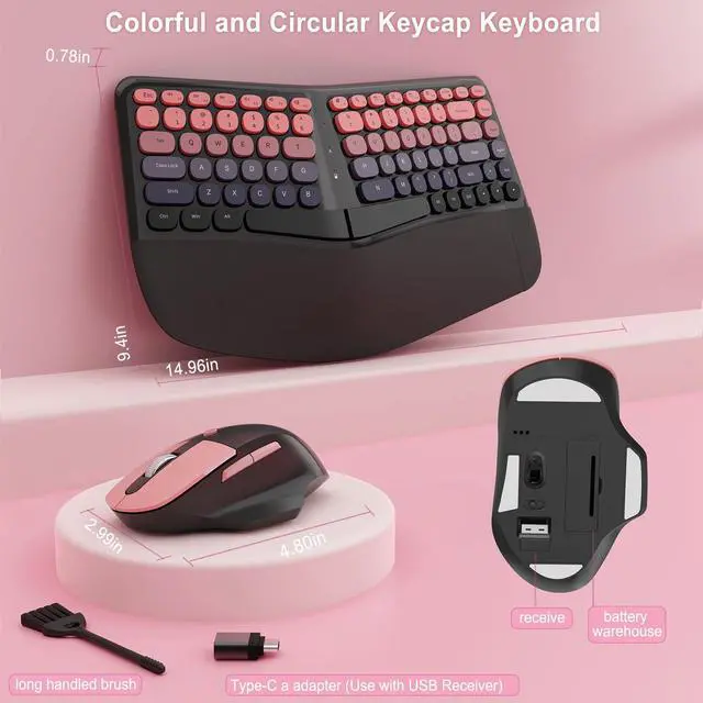 Alt view image 5 of 7 - Ergonomic Wireless Keyboard and Mouse, Mechanical Gaming Set with Wrist Rest & OTG & Brush Ideal for Windows PC, Home, Office and College Black Pink