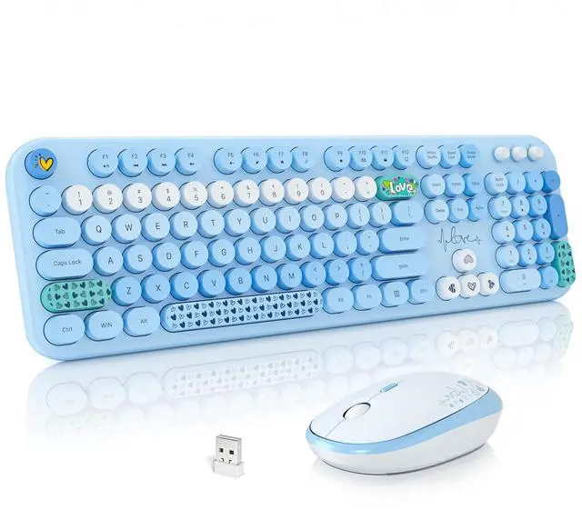 Main image of Wireless Keyboard and Mouse Combo, Cute Keyboard Full Size and Wireless Mouse, 2.4GHz Retro Typewriter Keyboard Mouse Set for PC/Desktop/Laptop/Windows (Blue Colorful)