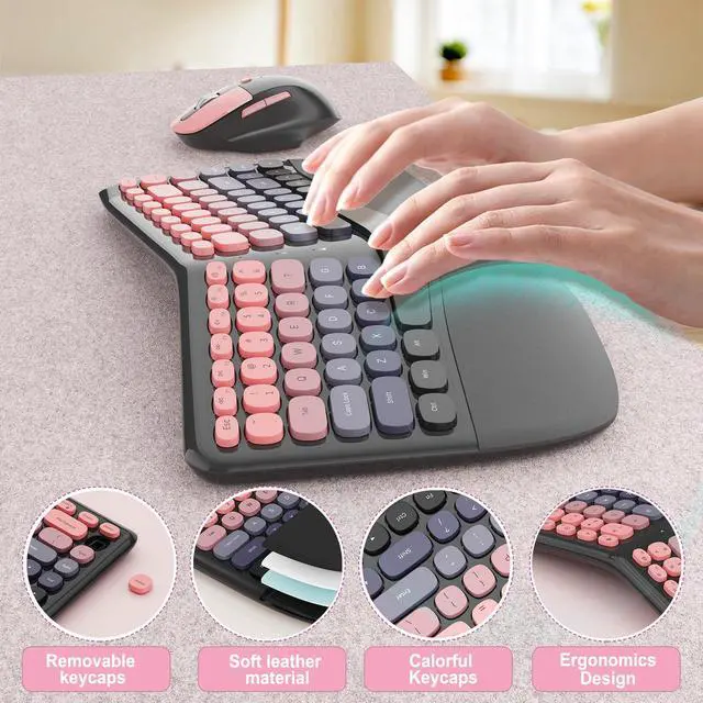 Alt view image 7 of 7 - Ergonomic Wireless Keyboard and Mouse, Mechanical Gaming Set with Wrist Rest & OTG & Brush Ideal for Windows PC, Home, Office and College Black Pink