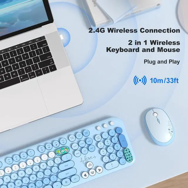 Alt view image 2 of 7 - Wireless Keyboard and Mouse Combo, Cute Keyboard Full Size and Wireless Mouse, 2.4GHz Retro Typewriter Keyboard Mouse Set for PC/Desktop/Laptop/Windows (Blue Colorful)
