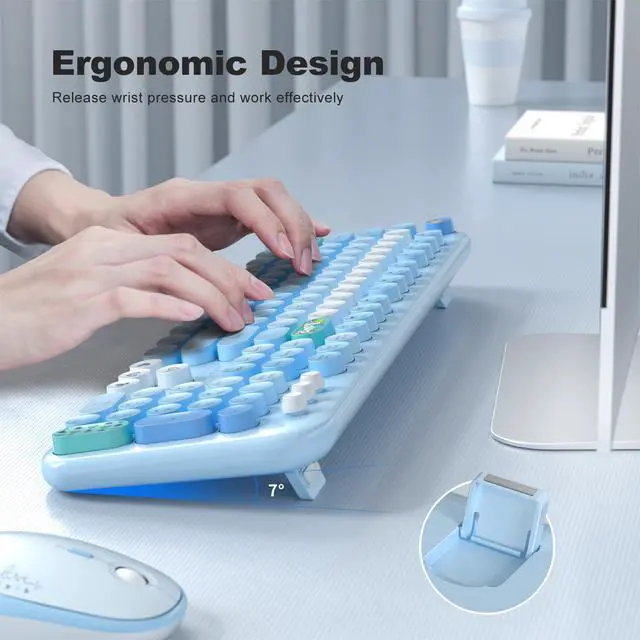 Alt view image 4 of 7 - Wireless Keyboard and Mouse Combo, Cute Keyboard Full Size and Wireless Mouse, 2.4GHz Retro Typewriter Keyboard Mouse Set for PC/Desktop/Laptop/Windows (Blue Colorful)
