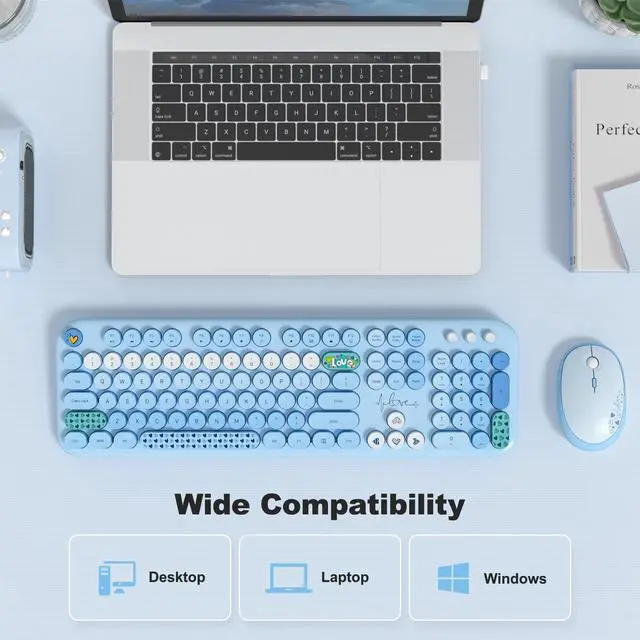 Alt view image 5 of 7 - Wireless Keyboard and Mouse Combo, Cute Keyboard Full Size and Wireless Mouse, 2.4GHz Retro Typewriter Keyboard Mouse Set for PC/Desktop/Laptop/Windows (Blue Colorful)