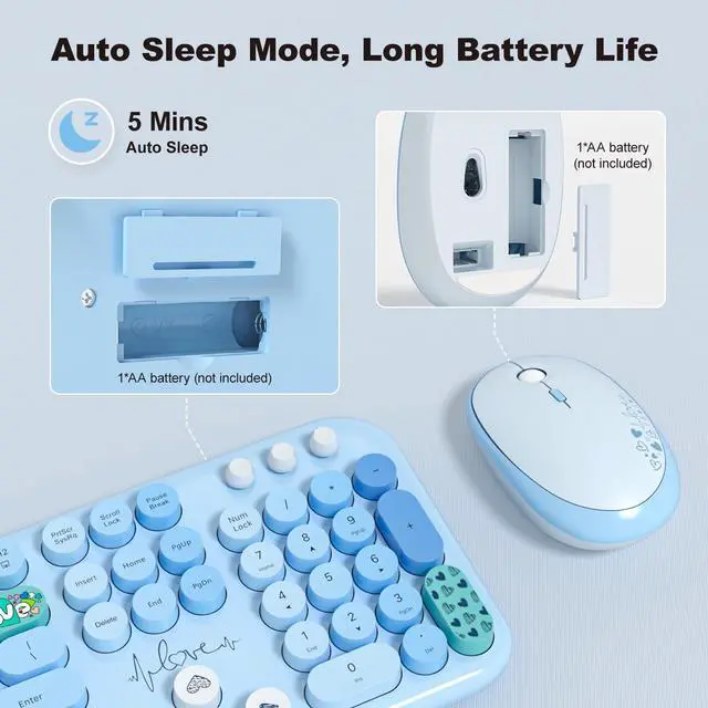 Alt view image 6 of 7 - Wireless Keyboard and Mouse Combo, Cute Keyboard Full Size and Wireless Mouse, 2.4GHz Retro Typewriter Keyboard Mouse Set for PC/Desktop/Laptop/Windows (Blue Colorful)