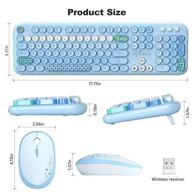 Alt view image 7 of 7 - Wireless Keyboard and Mouse Combo, Cute Keyboard Full Size and Wireless Mouse, 2.4GHz Retro Typewriter Keyboard Mouse Set for PC/Desktop/Laptop/Windows (Blue Colorful)