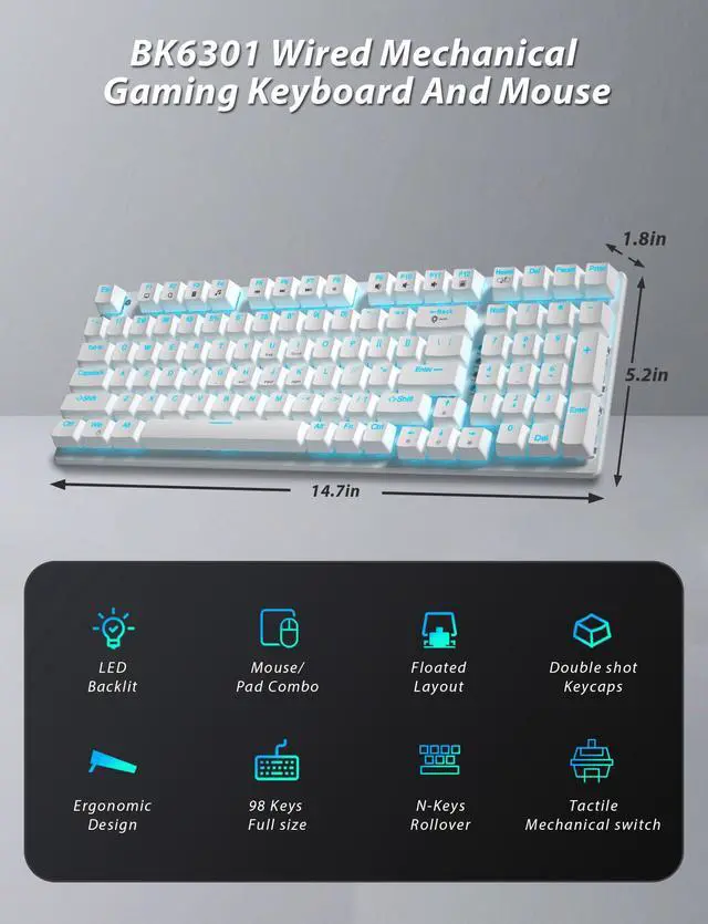 Alt view image 2 of 7 - Mechanical Gaming Keyboard and Mouse, 98 Keys LED Backlit Keyboard with Floating Keycap, Ergonomic RGB Gaming Mouse with Mouse Pad Combo, Full Anti-Ghost Wired Keyboard for PC Laptop Gamer, White