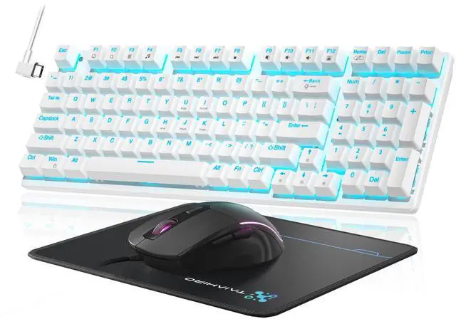 Main image of Mechanical Gaming Keyboard and Mouse, 98 Keys LED Backlit Keyboard with Floating Keycap, Ergonomic RGB Gaming Mouse with Mouse Pad Combo, Full Anti-Ghost Wired Keyboard for PC Laptop Gamer, White