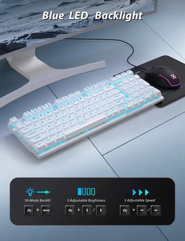 Alt view image 3 of 7 - Mechanical Gaming Keyboard and Mouse, 98 Keys LED Backlit Keyboard with Floating Keycap, Ergonomic RGB Gaming Mouse with Mouse Pad Combo, Full Anti-Ghost Wired Keyboard for PC Laptop Gamer, White