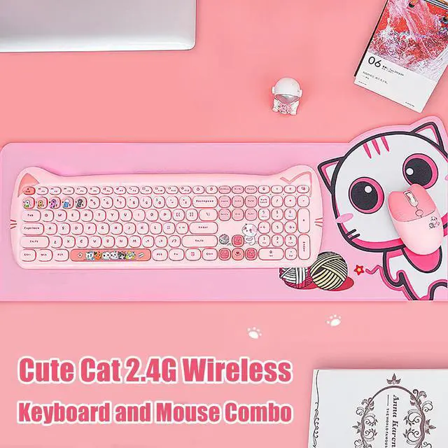 Alt view image 2 of 7 - Cute Cat 2.4G USB Wireless Keyboard and Mouse Combo, Silent Keys, Candy Colors, Compatible with Notebook, PC (Pink-110Keys)