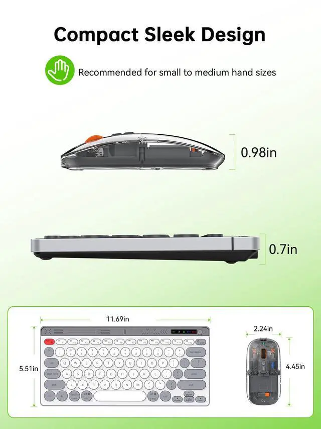 Alt view image 7 of 7 - Compact Wireless Keyboard and Mouse Combos - Dual Bluetooth & 2.4GHz USB Receiver, Transparent Mouse, Portable Slim Stylish for Laptop/ipad/Mac/Office - White