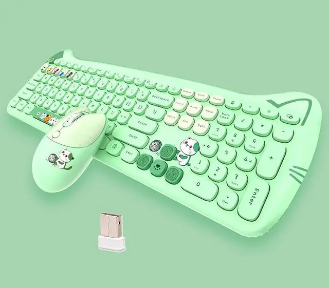 Main image of Cute Cat 2.4G USB Wireless Keyboard and Mouse Combo, Silent Keys, Candy Colors, Compatible with Notebook, PC (Green-110Keys)