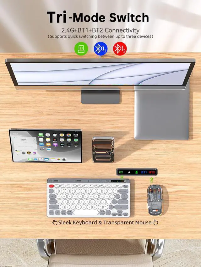 Alt view image 2 of 7 - Compact Wireless Keyboard and Mouse Combos - Dual Bluetooth & 2.4GHz USB Receiver, Transparent Mouse, Portable Slim Stylish for Laptop/ipad/Mac/Office - White