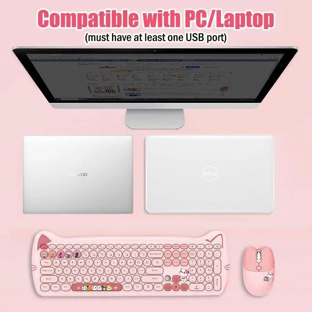 Alt view image 4 of 7 - Cute Cat 2.4G USB Wireless Keyboard and Mouse Combo, Silent Keys, Candy Colors, Compatible with Notebook, PC (Pink-110Keys)