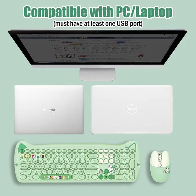 Alt view image 4 of 7 - Cute Cat 2.4G USB Wireless Keyboard and Mouse Combo, Silent Keys, Candy Colors, Compatible with Notebook, PC (Green-110Keys)