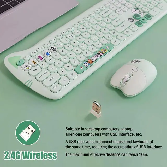 Alt view image 3 of 7 - Cute Cat 2.4G USB Wireless Keyboard and Mouse Combo, Silent Keys, Candy Colors, Compatible with Notebook, PC (Green-110Keys)