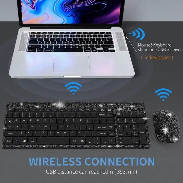 Alt view image 6 of 6 - Dazzling Luxury Keyboard and Mouse Wireless, Sparkly Bling Rhinestone Wireless Mouse and Keyboard Gift Set (Black)