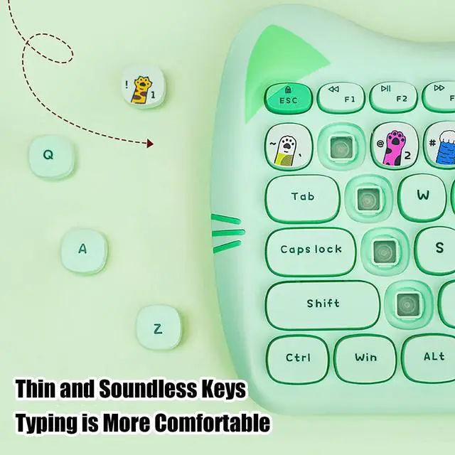 Alt view image 5 of 7 - Cute Cat 2.4G USB Wireless Keyboard and Mouse Combo, Silent Keys, Candy Colors, Compatible with Notebook, PC (Green-110Keys)