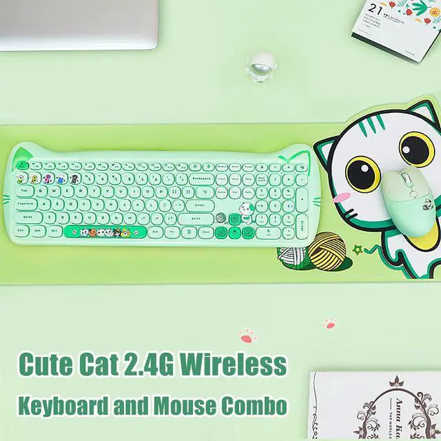 Alt view image 2 of 7 - Cute Cat 2.4G USB Wireless Keyboard and Mouse Combo, Silent Keys, Candy Colors, Compatible with Notebook, PC (Green-110Keys)