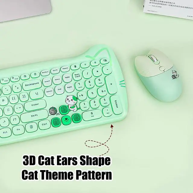 Alt view image 7 of 7 - Cute Cat 2.4G USB Wireless Keyboard and Mouse Combo, Silent Keys, Candy Colors, Compatible with Notebook, PC (Green-110Keys)