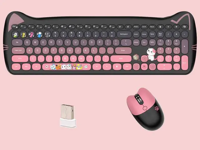 Main image of Cute Cat 2.4G USB Wireless Keyboard and Mouse Combo, Silent Keys, Candy Colors, Compatible with Notebook, PC (BlackPink-110Keys)