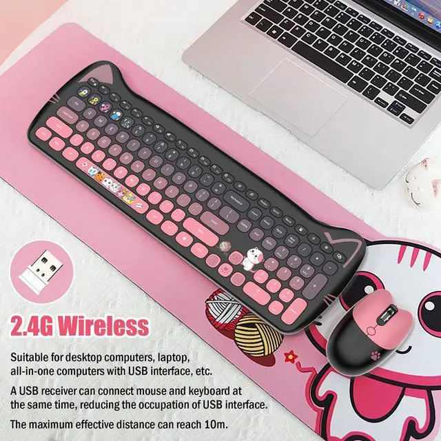 Alt view image 3 of 6 - Cute Cat 2.4G USB Wireless Keyboard and Mouse Combo, Silent Keys, Candy Colors, Compatible with Notebook, PC (BlackPink-110Keys)