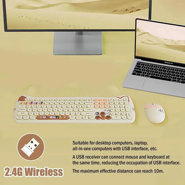 Alt view image 3 of 7 - Cute Cat 2.4G USB Wireless Keyboard and Mouse Combo, Silent Keys, Candy Colors, Compatible with Notebook, PC (MilkTea-110Keys)