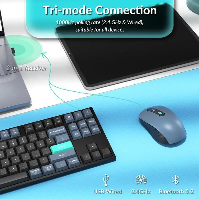 Alt view image 2 of 7 - B33 Wireless Keyboard & BM25 Mouse Combo, 2.4 GHz/Bluetooth 5.2/Wired, 80% TKL Silent Portable Ergonomic Keyboard Adjustable DPI Mouse, Unifying Receiver for macOS Windows Linux