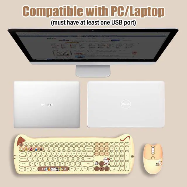 Alt view image 4 of 7 - Cute Cat 2.4G USB Wireless Keyboard and Mouse Combo, Silent Keys, Candy Colors, Compatible with Notebook, PC (MilkTea-110Keys)