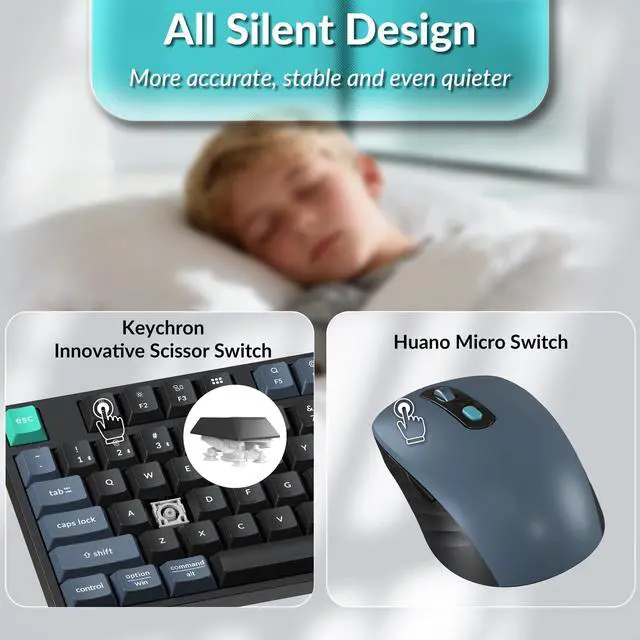 Alt view image 3 of 7 - B33 Wireless Keyboard & BM25 Mouse Combo, 2.4 GHz/Bluetooth 5.2/Wired, 80% TKL Silent Portable Ergonomic Keyboard Adjustable DPI Mouse, Unifying Receiver for macOS Windows Linux
