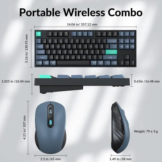 Alt view image 6 of 7 - B33 Wireless Keyboard & BM25 Mouse Combo, 2.4 GHz/Bluetooth 5.2/Wired, 80% TKL Silent Portable Ergonomic Keyboard Adjustable DPI Mouse, Unifying Receiver for macOS Windows Linux