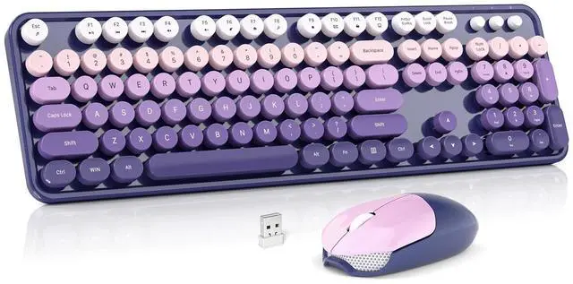 Main image of Wireless Keyboard and Mouse Combo, Full Size Typewriter Retro Round Computer Keyboard, Cute Optical Mouse Wireless, Plug and Play, for Laptop, PC, Computer- Purple Gradient