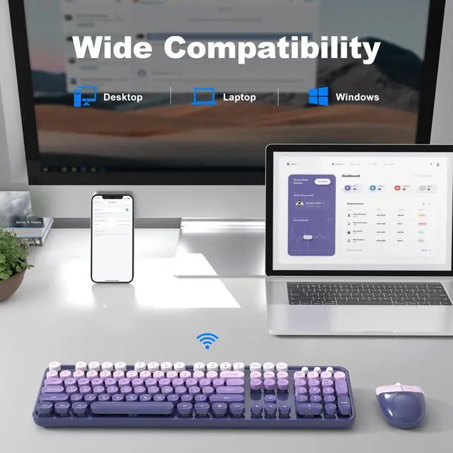 Alt view image 2 of 7 - Wireless Keyboard and Mouse Combo, Full Size Typewriter Retro Round Computer Keyboard, Cute Optical Mouse Wireless, Plug and Play, for Laptop, PC, Computer- Purple Gradient