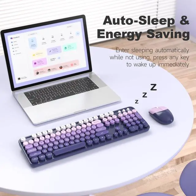 Alt view image 4 of 7 - Wireless Keyboard and Mouse Combo, Full Size Typewriter Retro Round Computer Keyboard, Cute Optical Mouse Wireless, Plug and Play, for Laptop, PC, Computer- Purple Gradient
