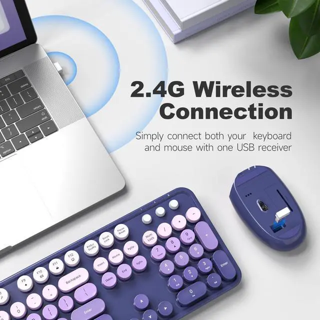 Alt view image 3 of 7 - Wireless Keyboard and Mouse Combo, Full Size Typewriter Retro Round Computer Keyboard, Cute Optical Mouse Wireless, Plug and Play, for Laptop, PC, Computer- Purple Gradient