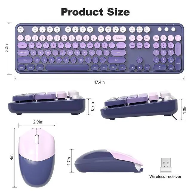 Alt view image 7 of 7 - Wireless Keyboard and Mouse Combo, Full Size Typewriter Retro Round Computer Keyboard, Cute Optical Mouse Wireless, Plug and Play, for Laptop, PC, Computer- Purple Gradient