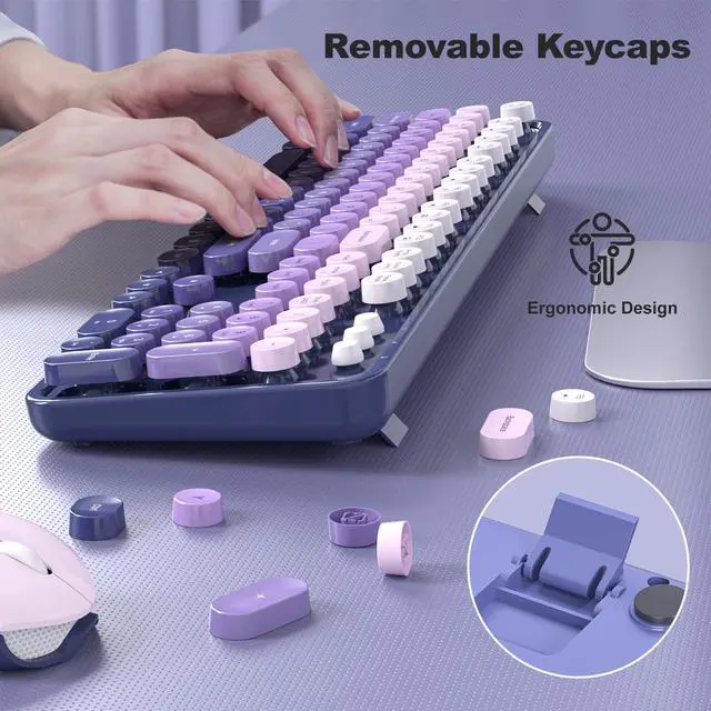 Alt view image 6 of 7 - Wireless Keyboard and Mouse Combo, Full Size Typewriter Retro Round Computer Keyboard, Cute Optical Mouse Wireless, Plug and Play, for Laptop, PC, Computer- Purple Gradient