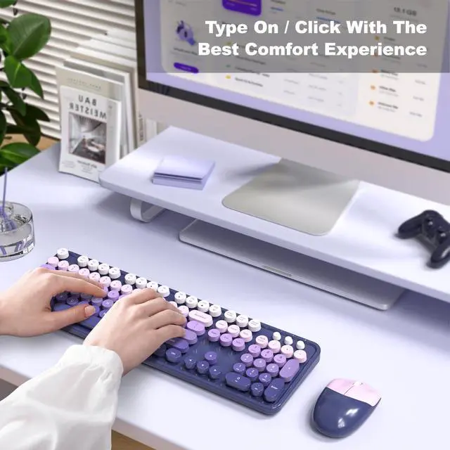 Alt view image 5 of 7 - Wireless Keyboard and Mouse Combo, Full Size Typewriter Retro Round Computer Keyboard, Cute Optical Mouse Wireless, Plug and Play, for Laptop, PC, Computer- Purple Gradient