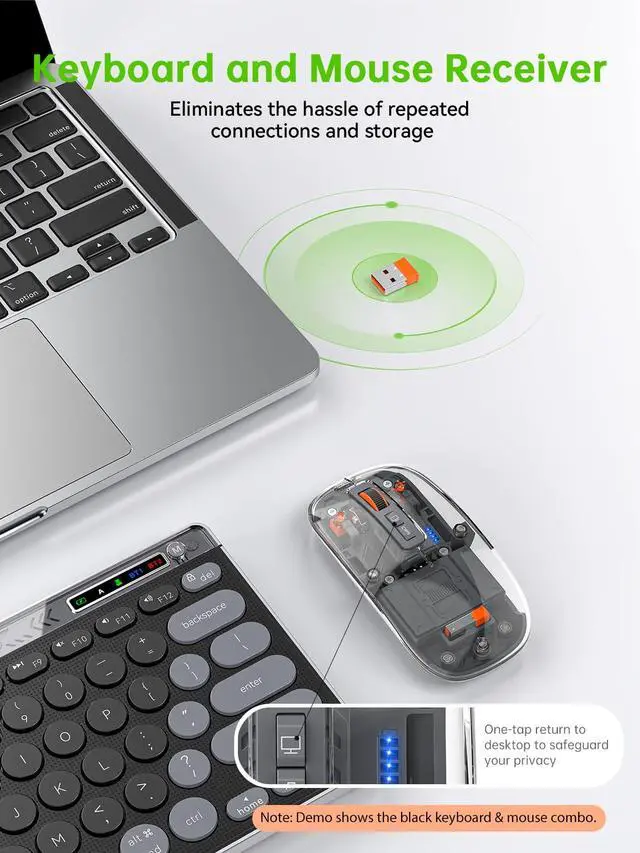 Alt view image 5 of 7 - Compact Wireless Keyboard and Mouse Combos - Dual Bluetooth & 2.4GHz USB Receiver, Transparent Mouse, Portable Slim Stylish for Laptop/ipad/Mac/Office - Purple