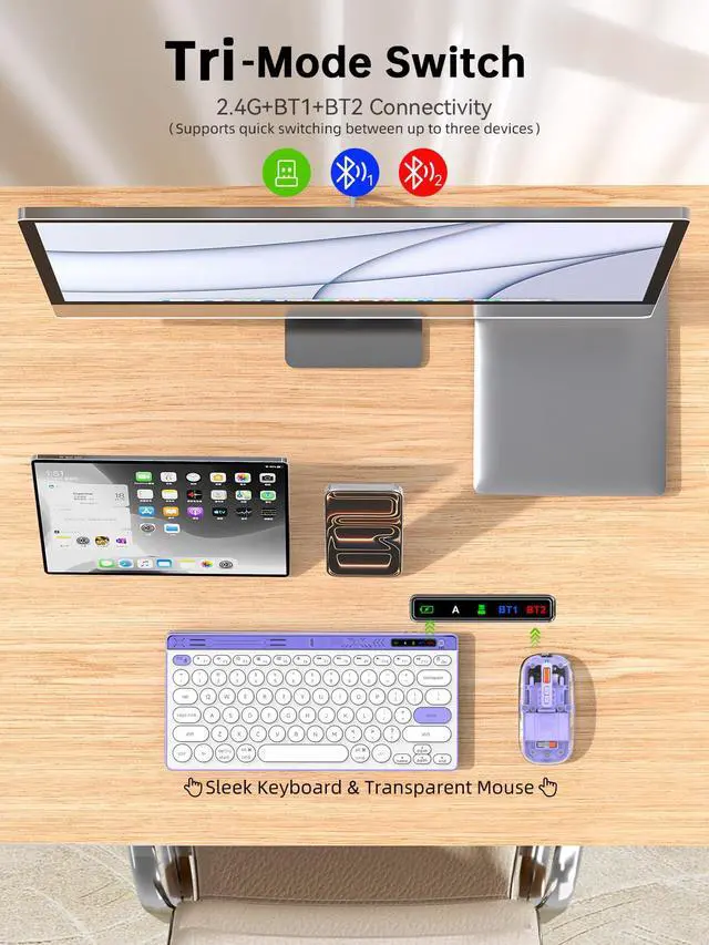 Alt view image 2 of 7 - Compact Wireless Keyboard and Mouse Combos - Dual Bluetooth & 2.4GHz USB Receiver, Transparent Mouse, Portable Slim Stylish for Laptop/ipad/Mac/Office - Purple